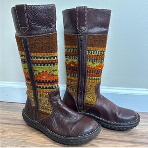 Born Brown Leather Multicolor Woven Wool Mid Calf Boots